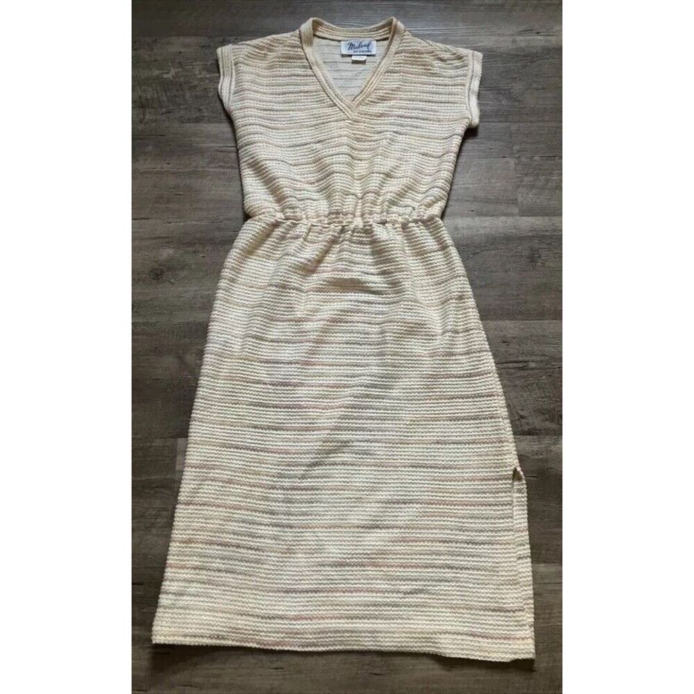 Vintage Malouf of Dallas Women Knit Midi Dress Striped V-Neck Elastic Waist Sz 8